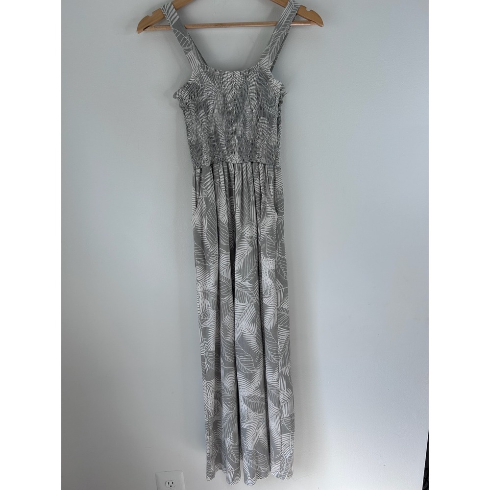 Bucket List Gray White Palm Leaf Smocked Wide Leg Jumpsuit Sz Small USA Boho